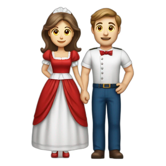 white man dressed in femail maid uniform besides his white wife with brown hair dressed in a red dress sticker