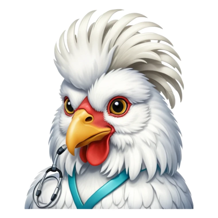 A White Silkie Bantam rooster wearing a doctor's stethoscope. The head feathers look like a large fluffy wig. sticker