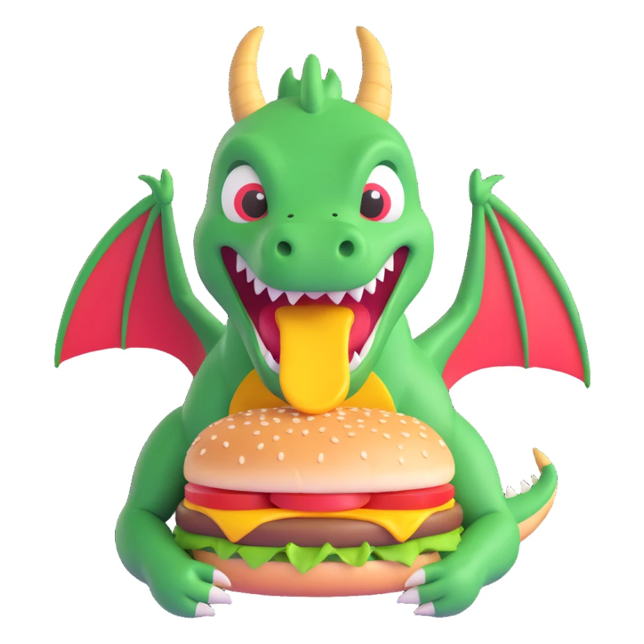 a dragon eating a cheeseburger, 3D emoji style sticker