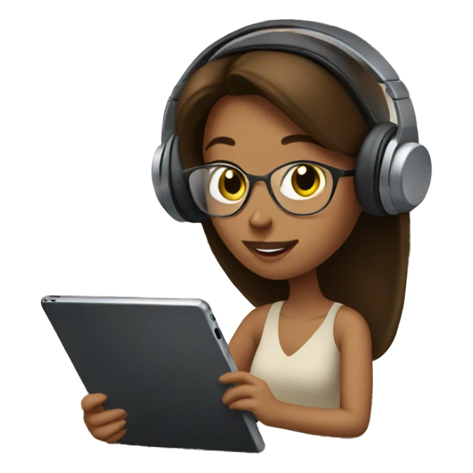 Brunette Female with headphones Studying in library looking at iPad  sticker