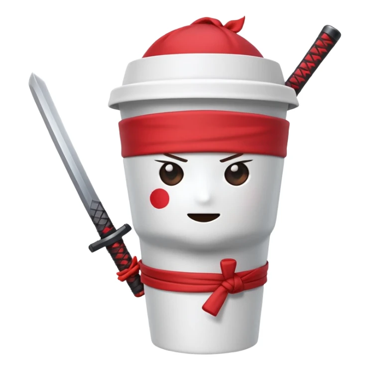 A disposable coffee cup character with a face, wearing a red ninja headband tied around the top and gripping a katana sword sticker