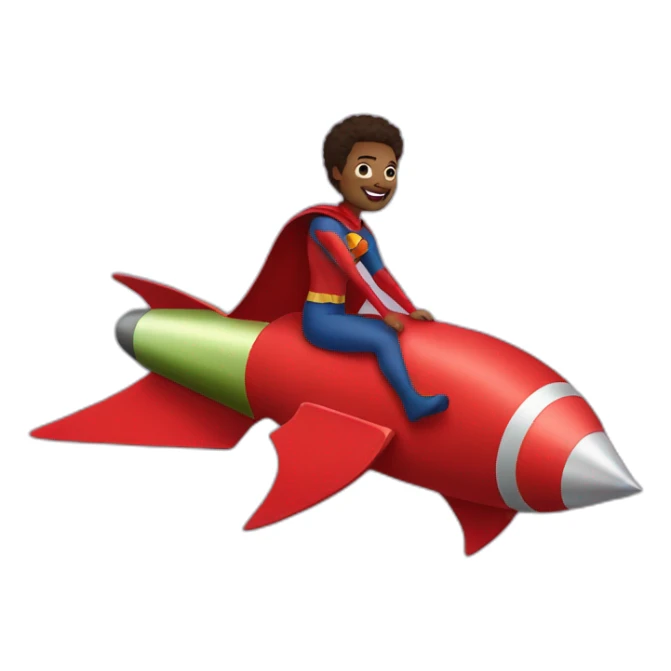 person dressed with a superhero cape but without mask is riding on a rocket sticker