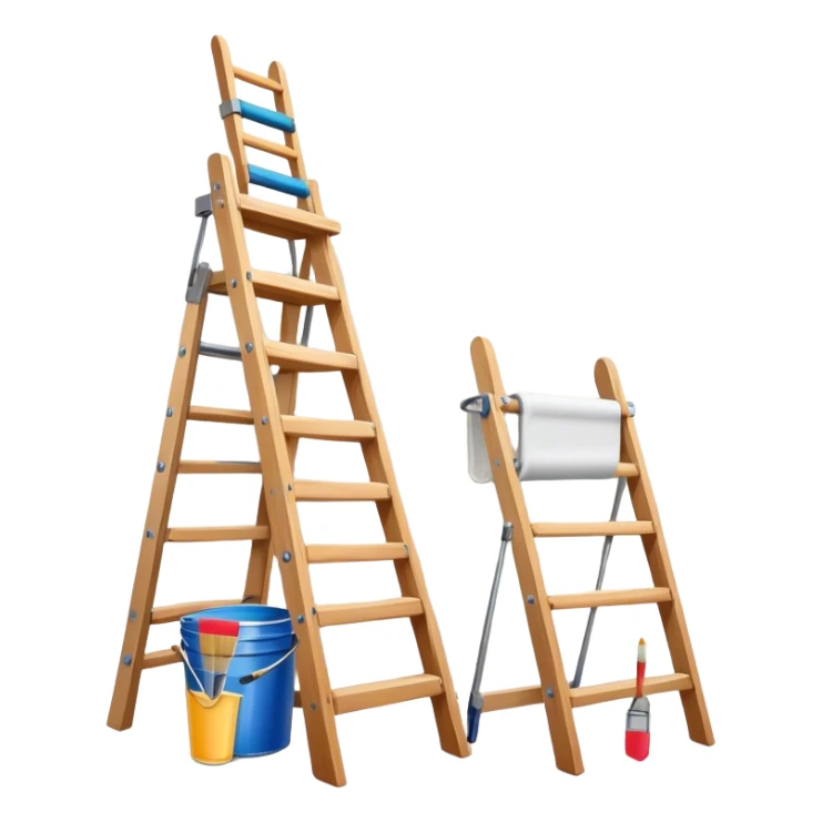 Create an icon that represents the hobby of wall painting. The design should feature a wall with a beautiful, frameless painting in progress. Include a paint bucket with brushes and rollers, as well as a wooden ladder, symbolizing the process of creating the artwork. The wall should have visible brush strokes, indicating the work in progress. The composition should be harmonious and balanced, reflecting both the artistic and practical aspects of wall painting. The background should be transparent. sticker