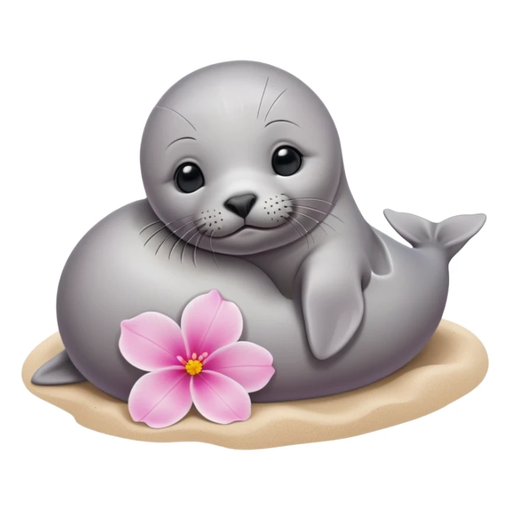A small, slim baby seal resting gracefully on a sandy beach, with a delicate pink flower placed on its head.  Grey color sticker