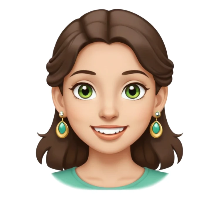 girl with gray-green eyes, brown hair, multiple earrings, mole on cheek, joyful expression sticker