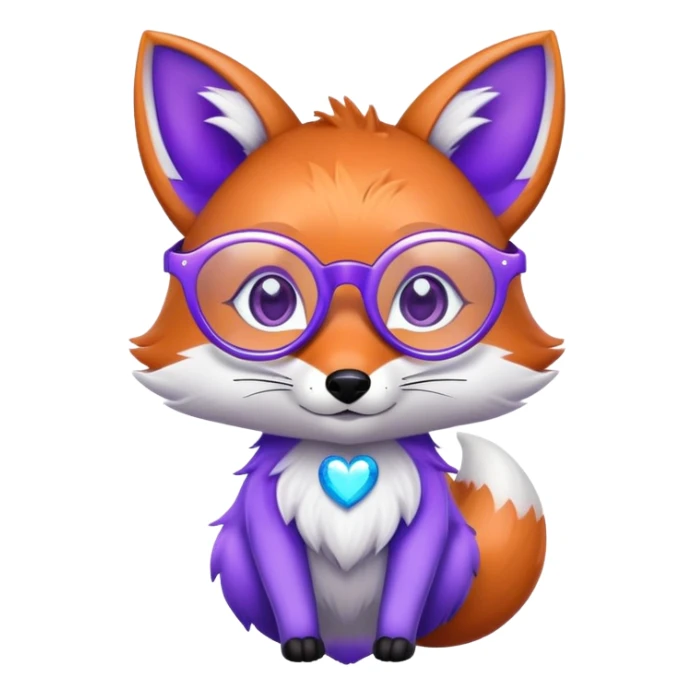 A whimsical fox with sparkling purple-blue fur, a glowing tail, a silver star on its forehead, and round glasses, with heart-shaped eyes, looking in love. 🦊😍 sticker