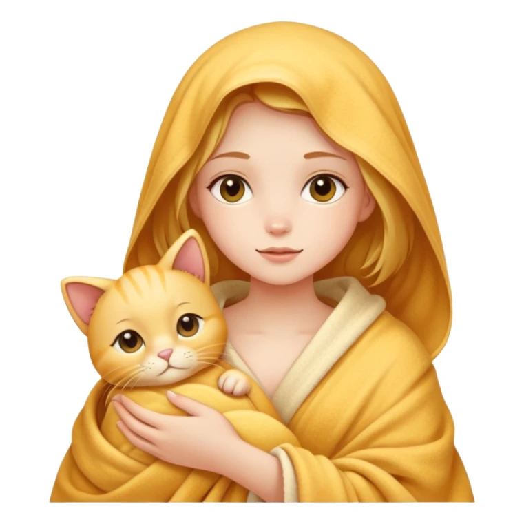 A beautiful girl with fair skin - just after taking a bath - wrapped in a blanket and holding a golden cat sticker
