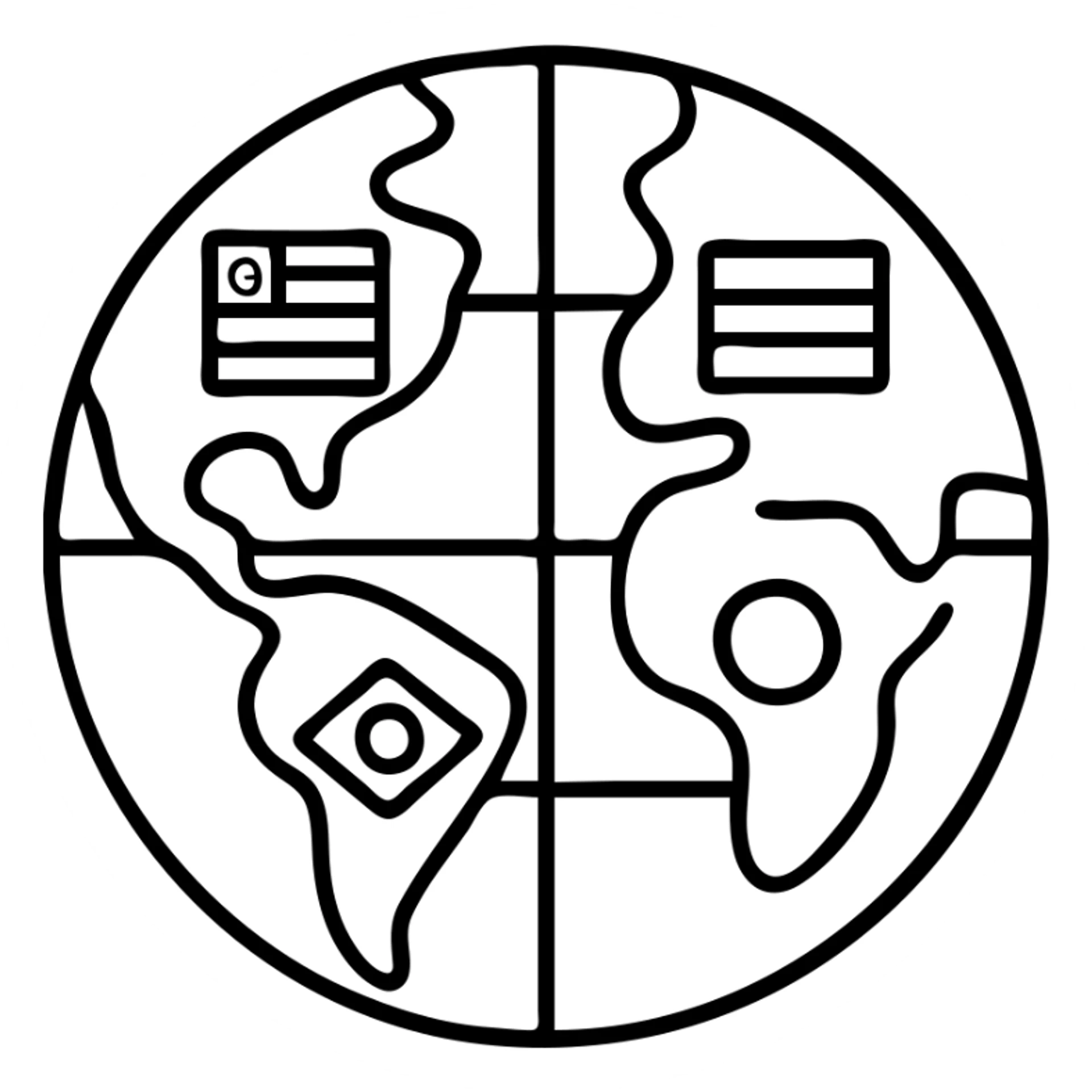 Outlined world globe with different national flags marked on the continents sticker