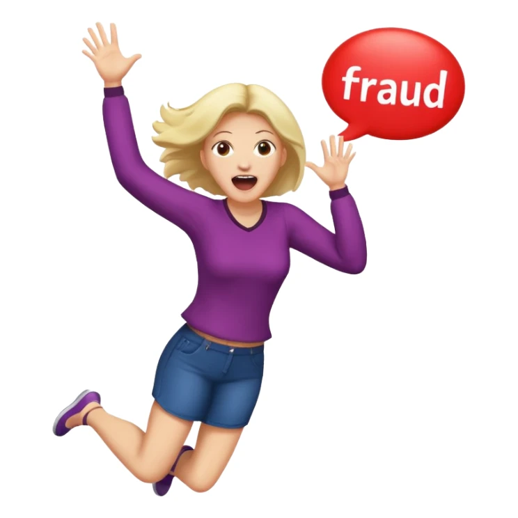 Woman jumping screaming and word “fraud” in a bubble sticker