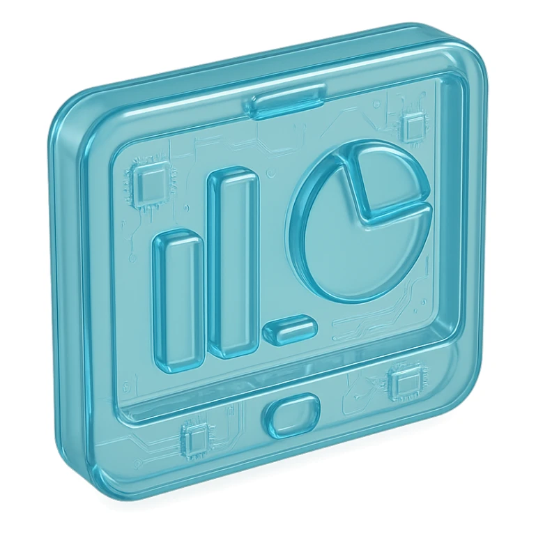 Minimalist icon of a bar chart and pie chart on a digital screen, flat design, , cyan blue sticker