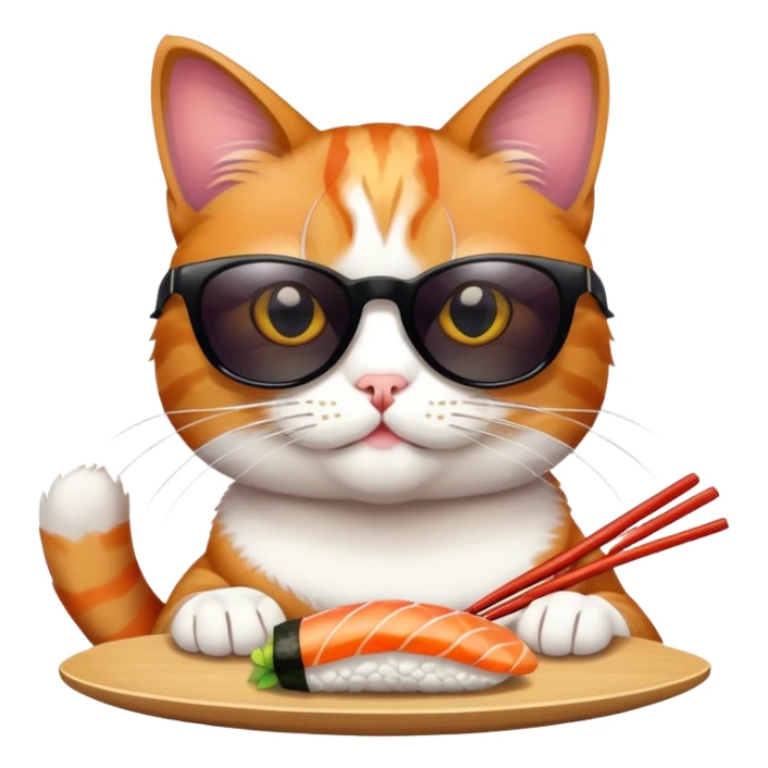cat wearing sunglasses and eating sushi sticker