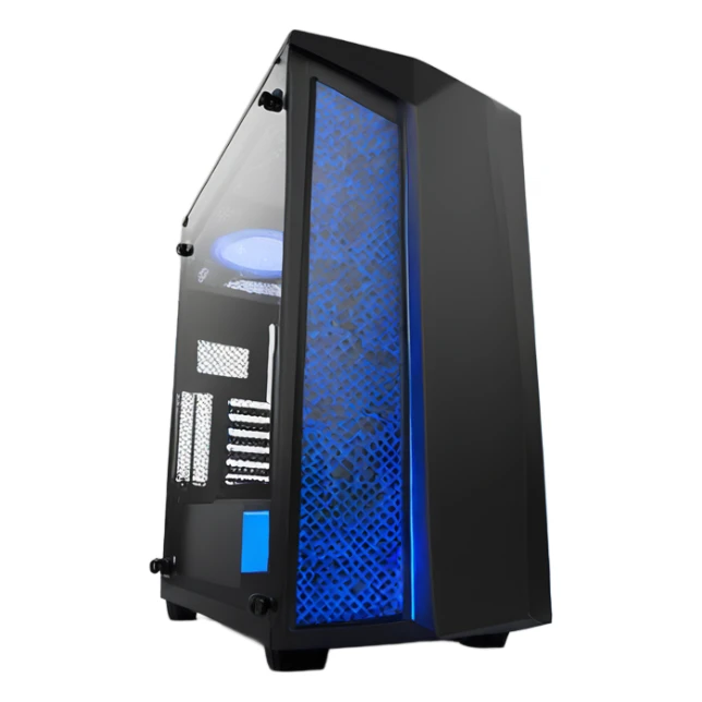 Black gaming PC RGB mid-tower case with glass side panel blue lighting sticker