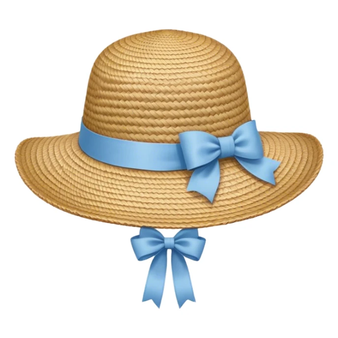 Straw garden hat with light blue ribbon and bow sticker