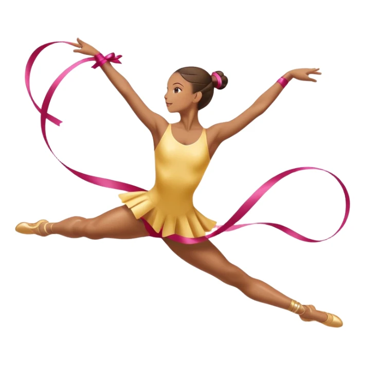 A graceful rhythmic gymnast performing with a flowing ribbon, executing an elegant leap mid-air. The pose exudes flexibility, balance, and artistry. The background suggests a competition arena with soft lighting, emphasizing movement, precision, and the beauty of the sport. sticker