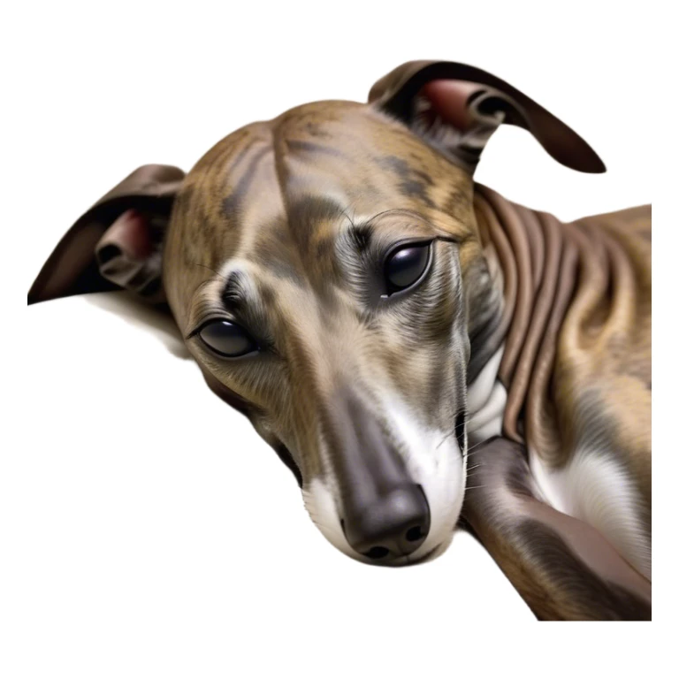 Meme-Worthy Cute Sleeping Brindle Greyhound Portrait Emoji, Head resting peacefully with a contented smile, showcasing a slender build and a luxuriously smooth brindle Fur, eyes shut in a serene nap, Simplified yet hilariously adorable features, highly detailed, glowing with a soft, drowsy light, high shine, relaxed and utterly lovable, stylized with an air of playful laziness, bright and heartwarming, soft glowing outline, capturing the essence of a comically sleepy racer, so meme-worthy it feels like it could instantly become the next viral sensation of adorable slumber! sticker