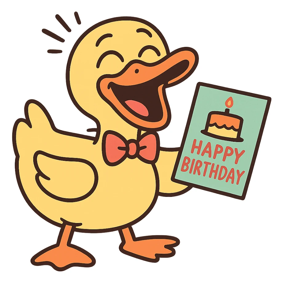 laughing duck with bowtie holding birthday card sticker