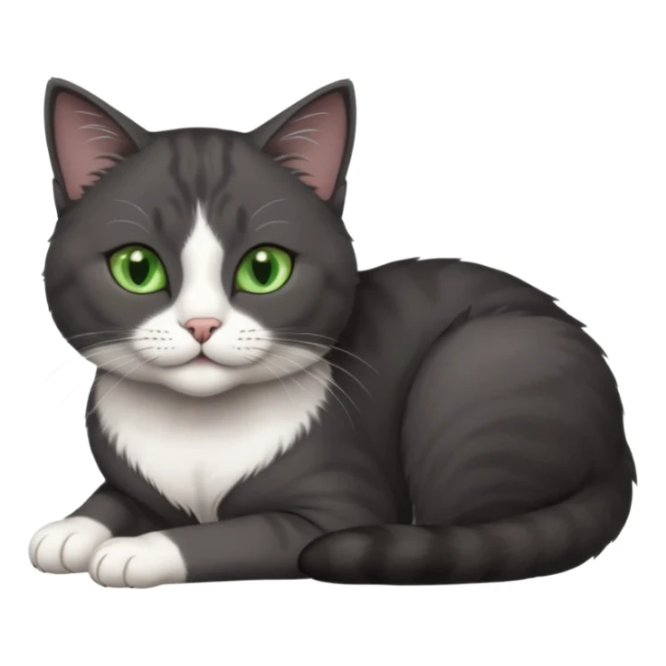 beautiful female solid dark grey cat with green eyes, white toes/paws and white patch on her chest lying down sticker