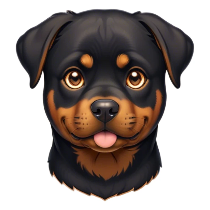 Cinematic Cute Rottweiler Portrait Emoji, Head tilted playfully and inquisitively, featuring a glossy black coat with distinct tan accents, round, sparkling brown eyes filled with curiosity, Simplified yet irresistibly adorable features, highly detailed, glowing with a warm, friendly glow, high shine, affectionate and lively, stylized with a touch of whimsy, bright and endearing, soft glowing outline, capturing the essence of a mischievous yet loving companion, so playful it feels like it could bound out of the screen and into your arms! sticker