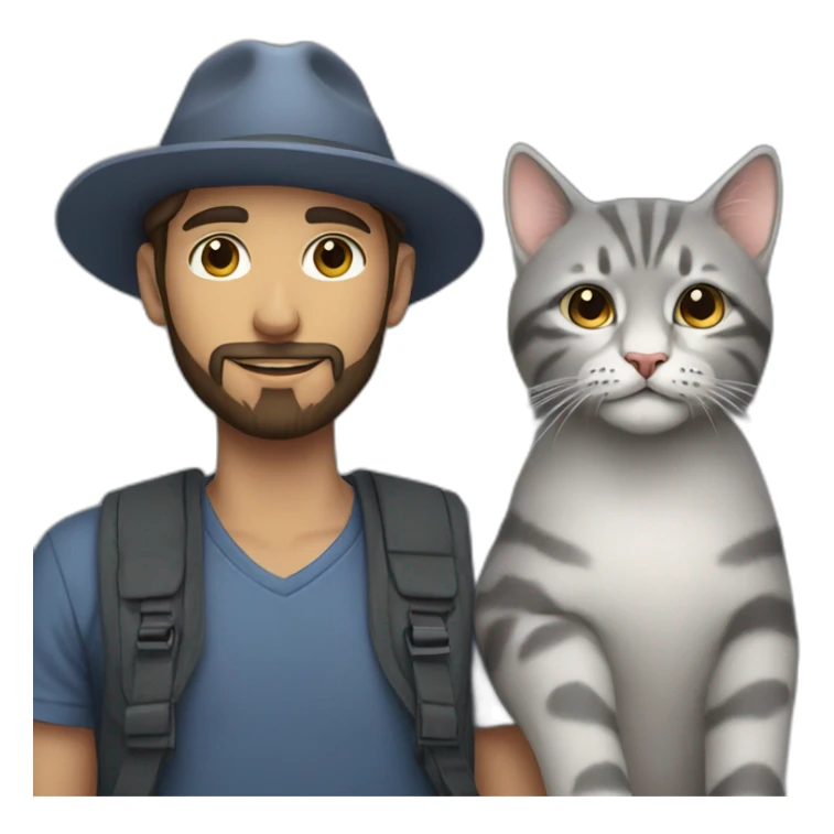 a young man with a beard and a hat holding a big grey cat sticker