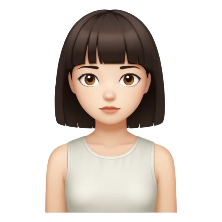 a short bob with bangs and dark brown hair. They have a calm expression, fair skin, and wear a sleeveless white cropped top sticker