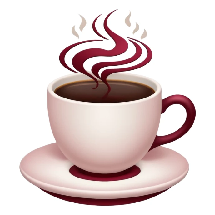 Simple coffee cup icon with subtle steam shaped like a rose swirl, deep wine red line art, minimalist flat vector, transparent background, centered, discord emoji size sticker