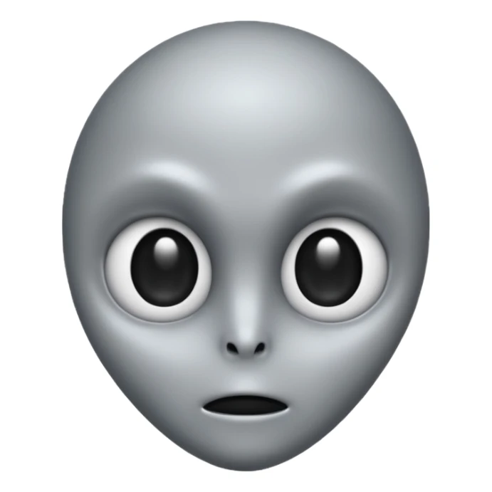 Grey alien head, big black eyes, cartoon emoji, no background sticker