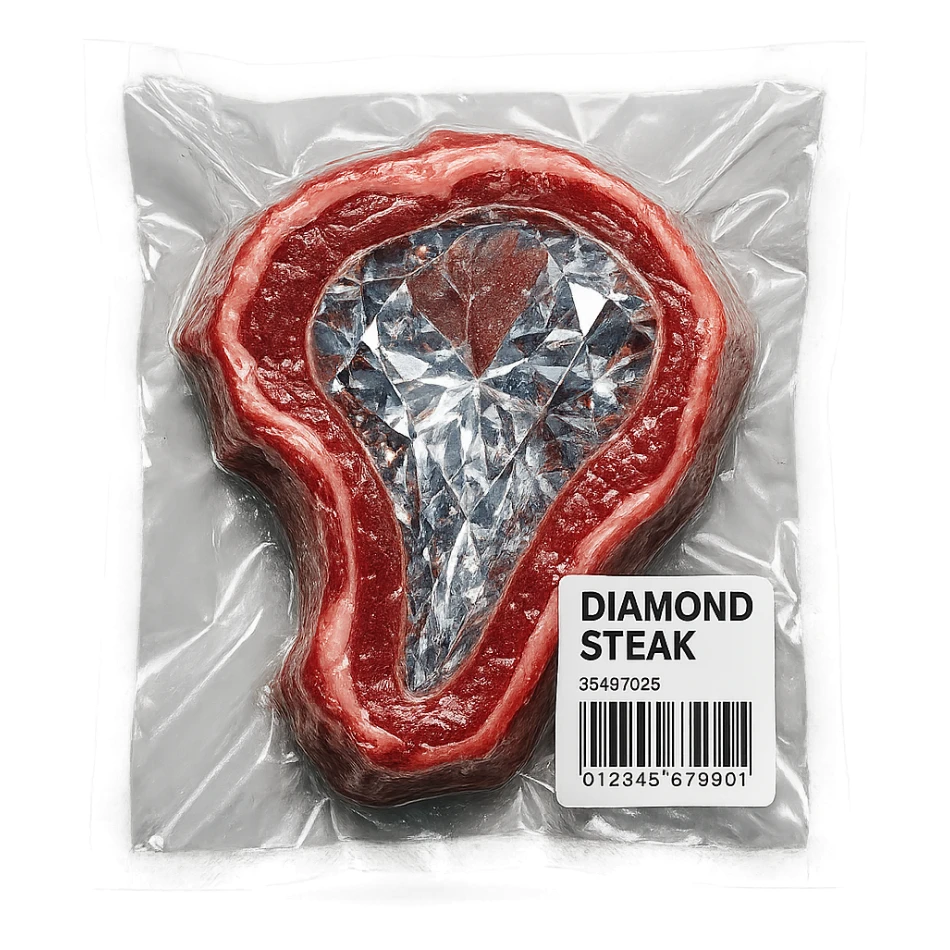 steak made of diamond, glossy and puffy, vacuum-sealed style sticker