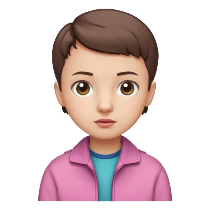 Create a cute emoji-style illustration of Eleven from Stranger Things: round face, big expressive eyes, short brown buzz-cut hair, pink jacket, simple nose and mouth, soft shading, bright colors, clean outline, minimal details, friendly expression, flat emoji style, white or transparent background. sticker