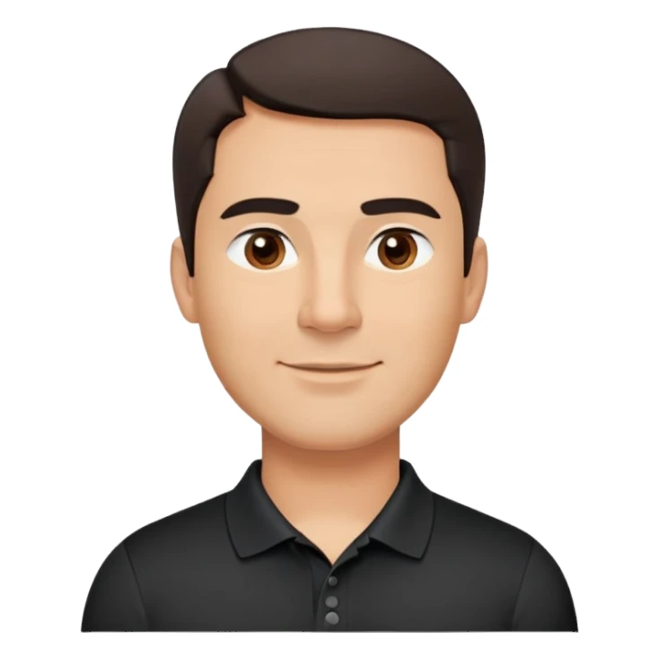 Middle-aged man with strong square face, pronounced jawline, full cheeks, neutral expression, dark brown eyes, thick eyebrows, wide proportional nose, friendly smile with medium lips, short dark hair neatly styled to the side, wearing a black polo shirt sticker