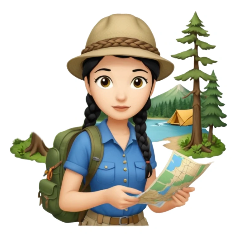 A braid black hair backpacking woman checking her map with curious eyes while walking in the woods with camping hat full body sticker