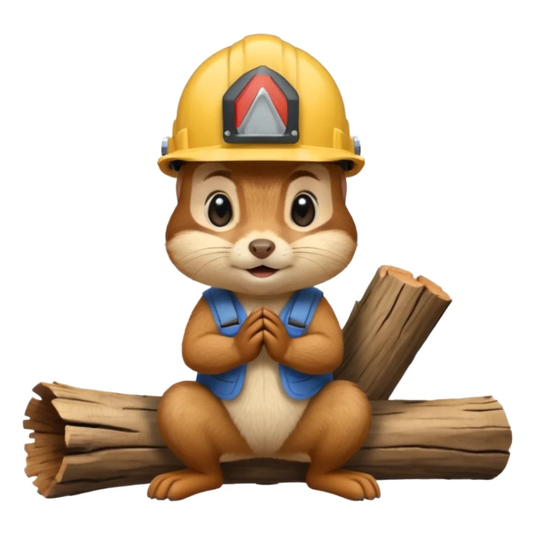  a chipmunk in a construction helmet kneels in front of a log sticker