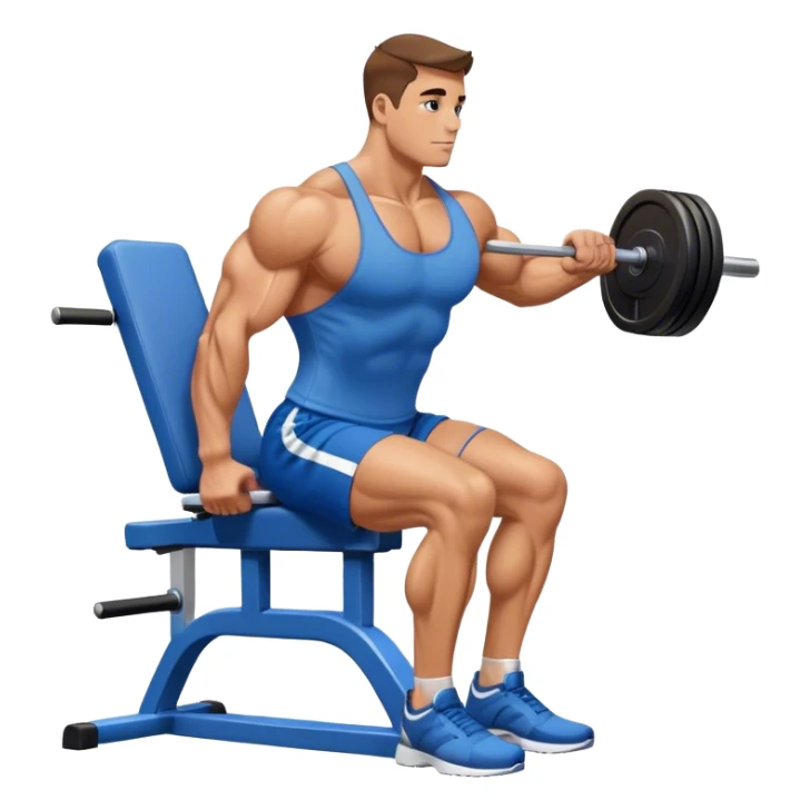 side-view bodybuilder in blue shorts seated weighted calf-raise machine on his tip toes sticker
