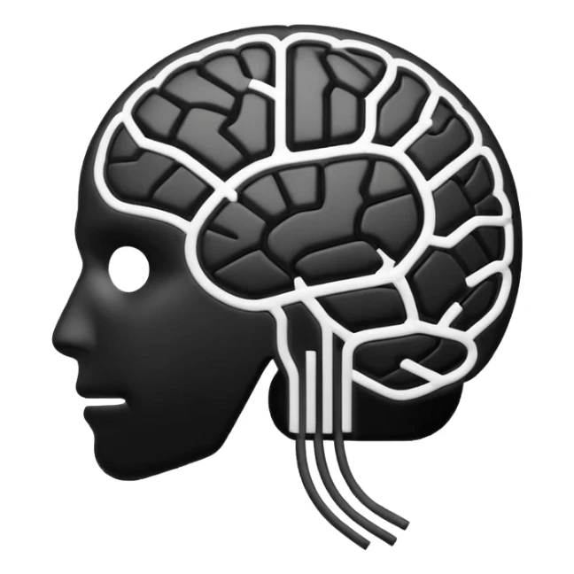 Futuristic AI brain emoji, simplified brain silhouette, metallic black and white, glowing neural lines inside, flat vector design, minimal clean style

 sticker