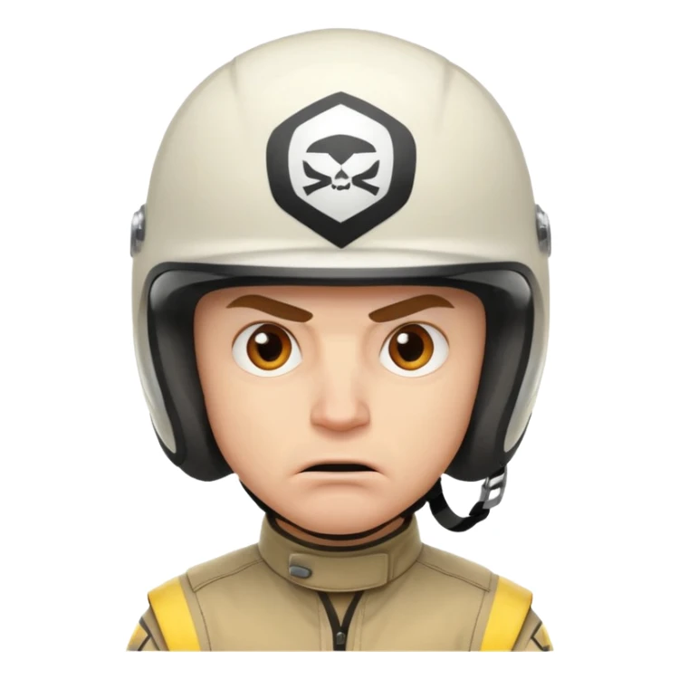 white male racer in helmet, crazy look, taking risks, very serious face, angry sticker