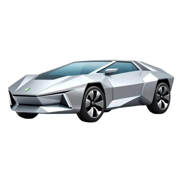 A futuristic chrome car emoji, sharp geometric body design inspired by cybertruck aesthetics, smooth silver metallic surface, matte and glossy chrome mix, minimal details, soft reflections, clean edges, iOS emoji style, centered, clean white background, soft studio lighting, no text sticker