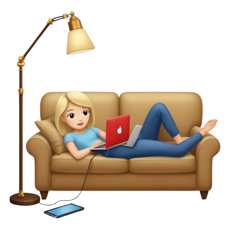 A girl is working with a laptop while lying on a sofa, with a floor lamp to the right. sticker