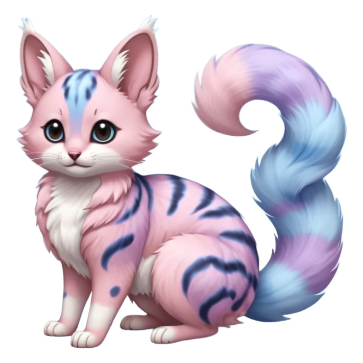 cotton-candy mist pink-blue-lilac fur whipped into cloud-soft spirals realistic fur with random dark markings beautiful elegant pretty precious cute  Fakémon-Pokémon-opossum-feline-serval-caracal-chinchilla-Furret-Minccino-hybrid-creature with a big fluffy bushy tail (full body) sticker