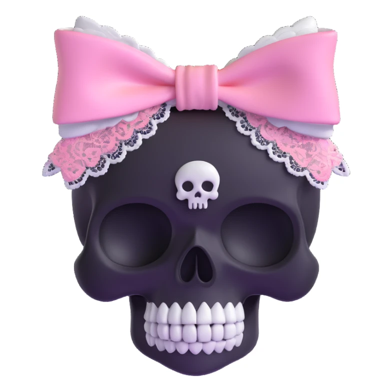 3D emoji style pink bow with gothic effect, pastel pink to black gradient, silver skull charm, and lace trim sticker