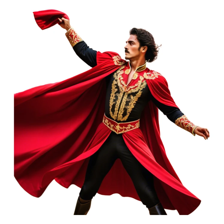 ​Cinematic Realistic Spanish Matador Holding a Red Cape, depicted in mid-action with a vibrant red cape flowing in the wind, dressed in an ornate traje de luces with shimmering details, confronting a charging bull in a dramatic arena, rendered with dynamic motion blur and vivid, high-contrast lighting, sticker