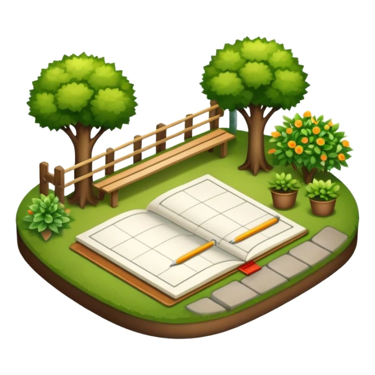 Icon for Landscape Design: a garden layout with trees, plants, pathways, and outdoor furniture, along with design tools like a ruler and sketchpad. The icon should represent the creativity and planning behind landscape design. Transparent background. sticker