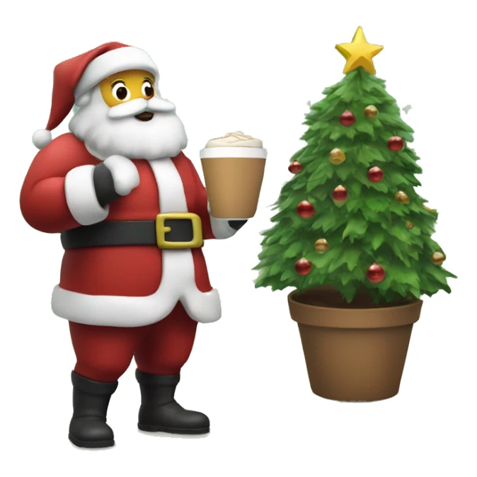 Santa grabbing the coffee, standing beside the christmas tree sticker