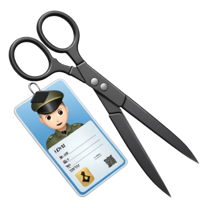 Floating black Scissors cutting an idf soldier ID card in 2 parts .hyper realistic sticker