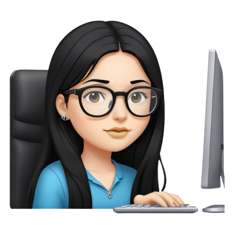 Girl with long black hair, glasses, nostril piercing, and a computer sticker