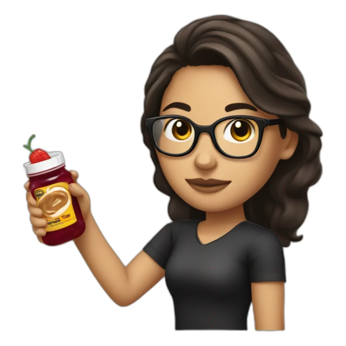 25 year old brunette with black glasses making a pistolet with peanutbutter and jelly sticker