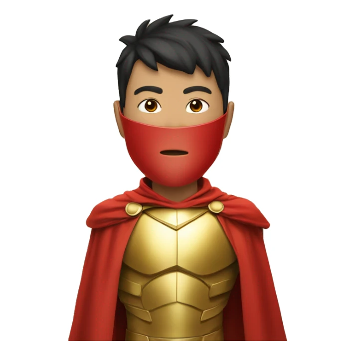 super hero, boy, asian, gold armour, red cape, face mask sticker