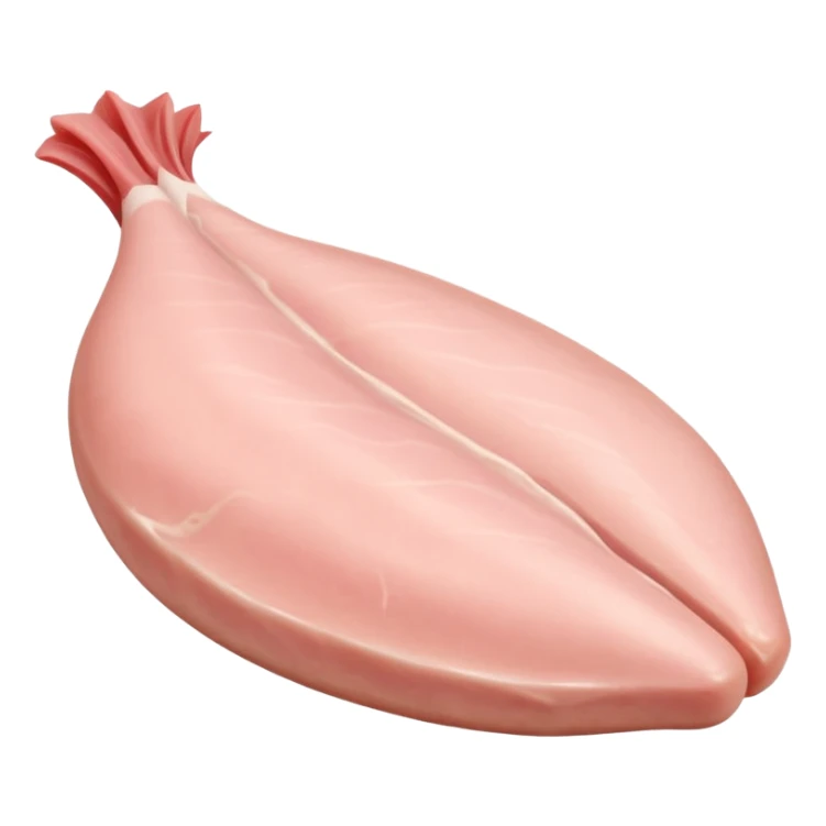 raw chicken fillet, boneless, tapered, pale pink, smooth, slightly glossy, moist, subtle muscle grain, gentle curves, fresh, lean, flat or curved, no plate or extra elements, no faces, clean 3D rendering, soft shadows, transparent background, emoji scale sticker