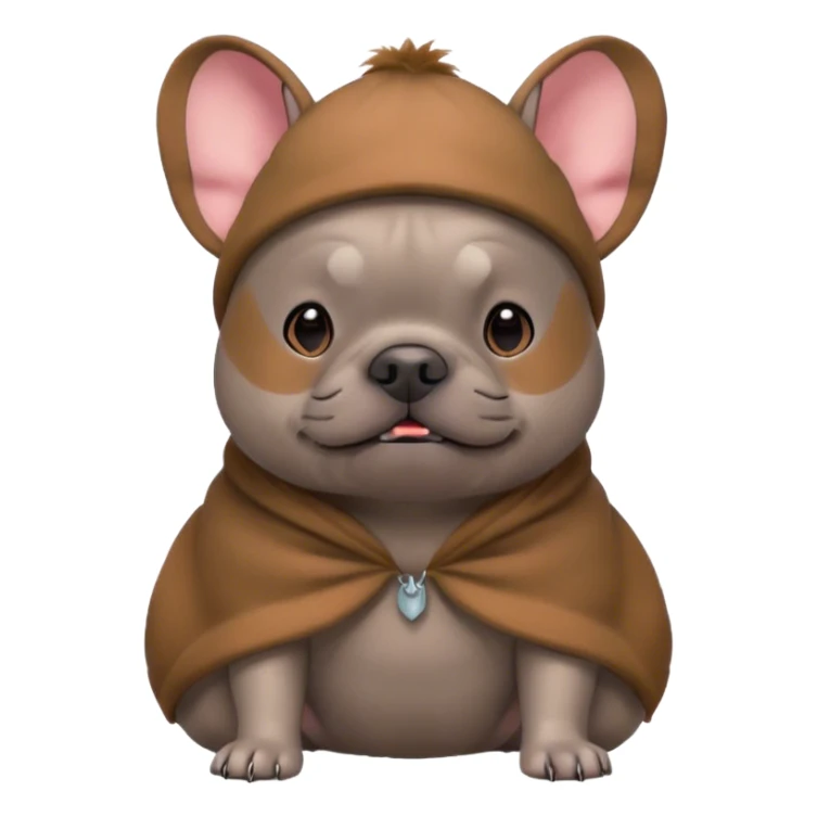 a grey french bulldog wearing a capybara costume sticker