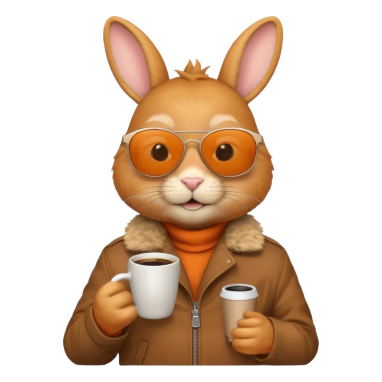 Orange rabbit, wearing brown jacket, sunglasses, holding coffee mug sticker