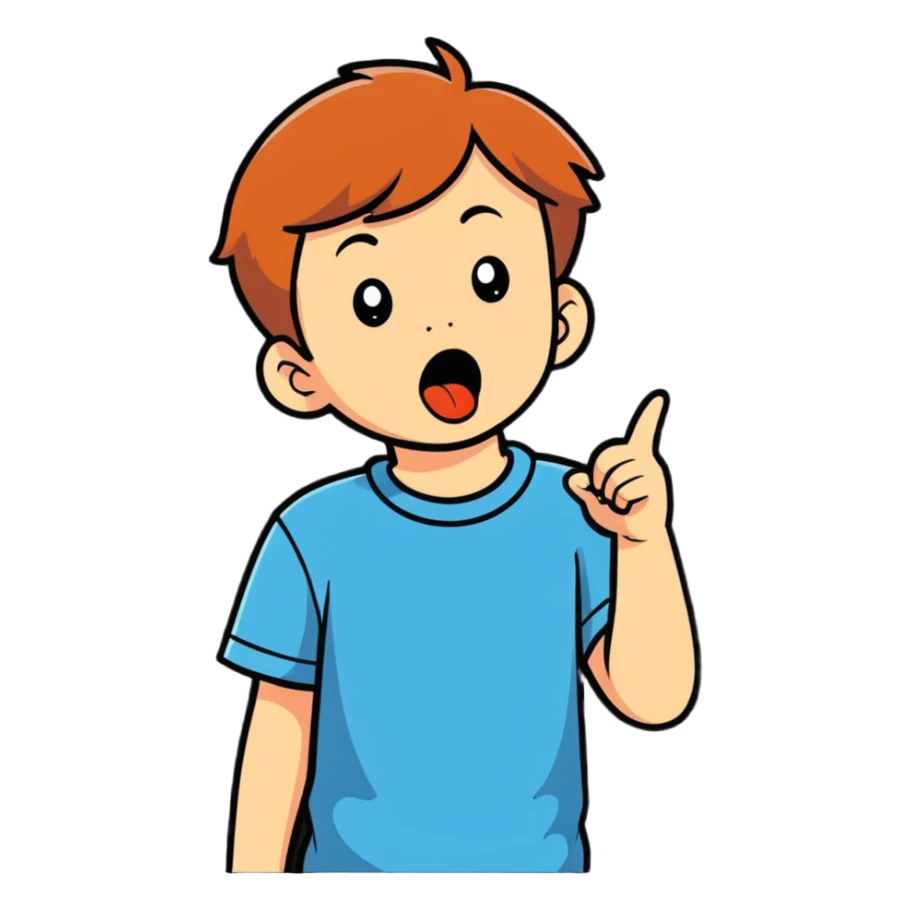 little boy pointing at his mouth sticker