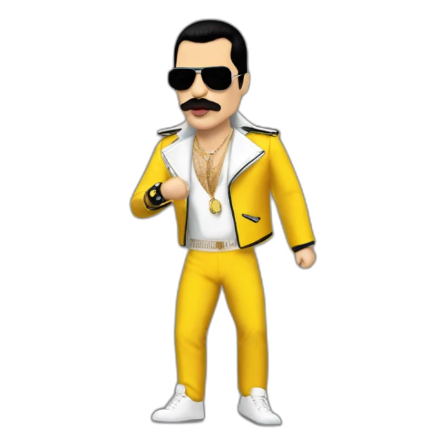 Freddie mercury cantando con chaqueta amarilla y pantalón blanco sticker